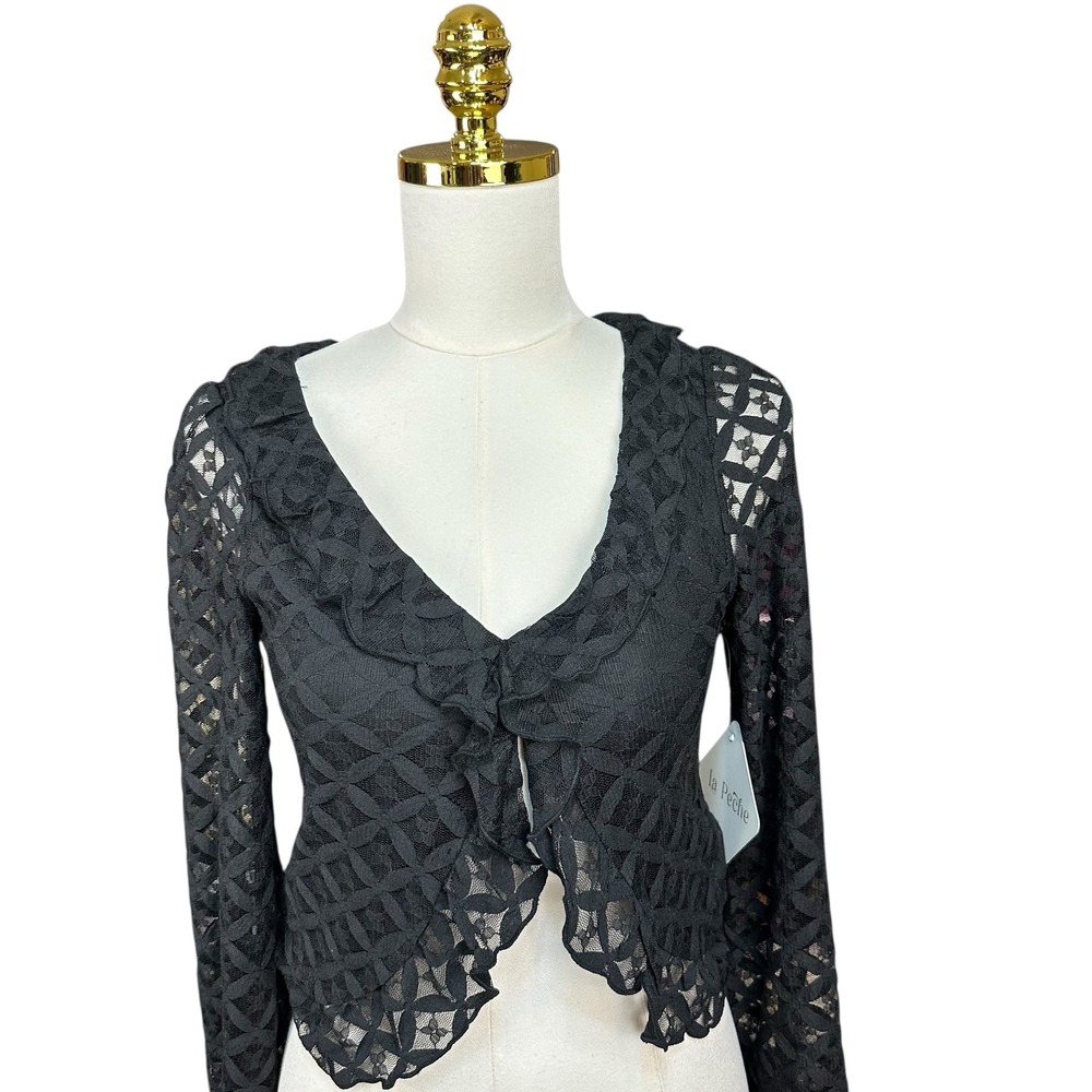 NWT La Peche Black Lace Cropped Cardigan Top Ruffle V-Neck Long Sleeve Size S - Picture 2 of 7